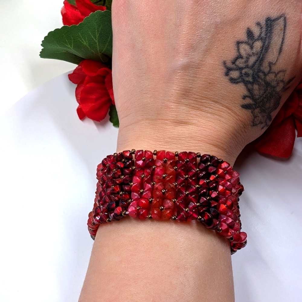 Vintage Handmade Red Beaded Cuff Style Bracelet